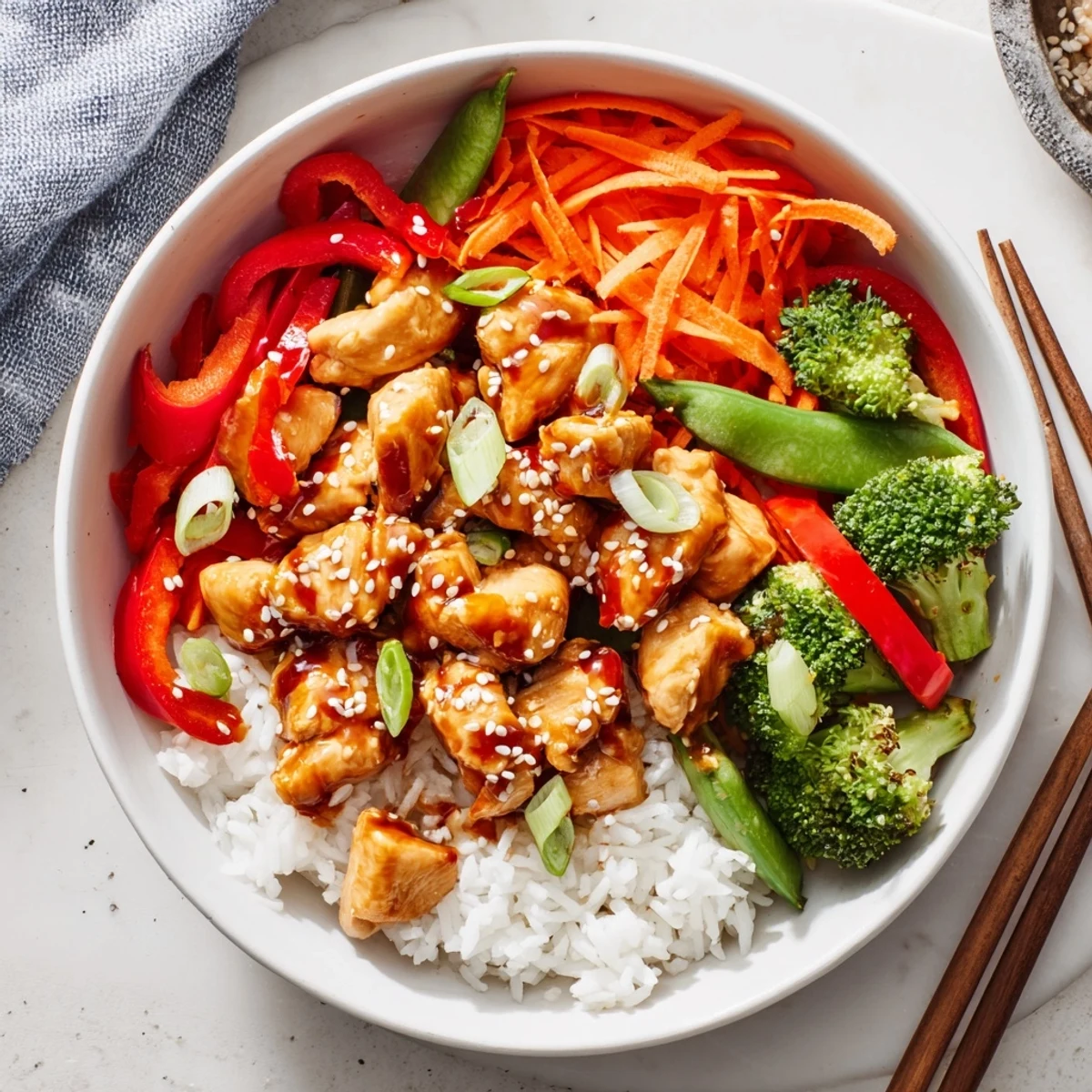 Golden-brown teriyaki chicken pieces glazed in sauce with colorful sautéed vegetables over steamed rice in a bowl.