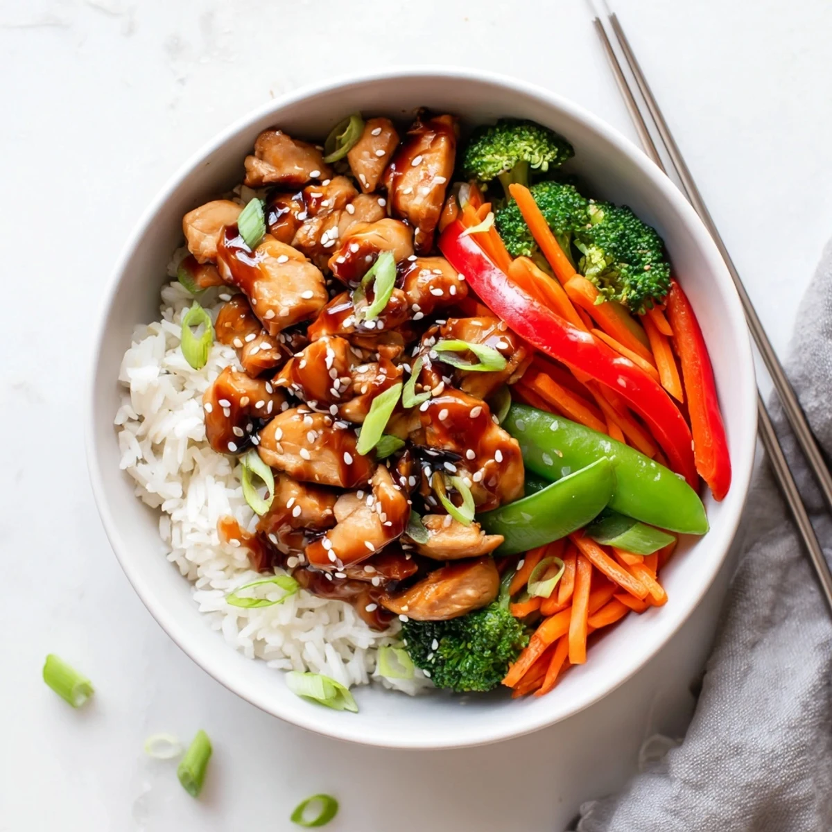 Close-up of tender teriyaki chicken topped with sesame seeds and sliced scallions, served over fluffy white rice.
