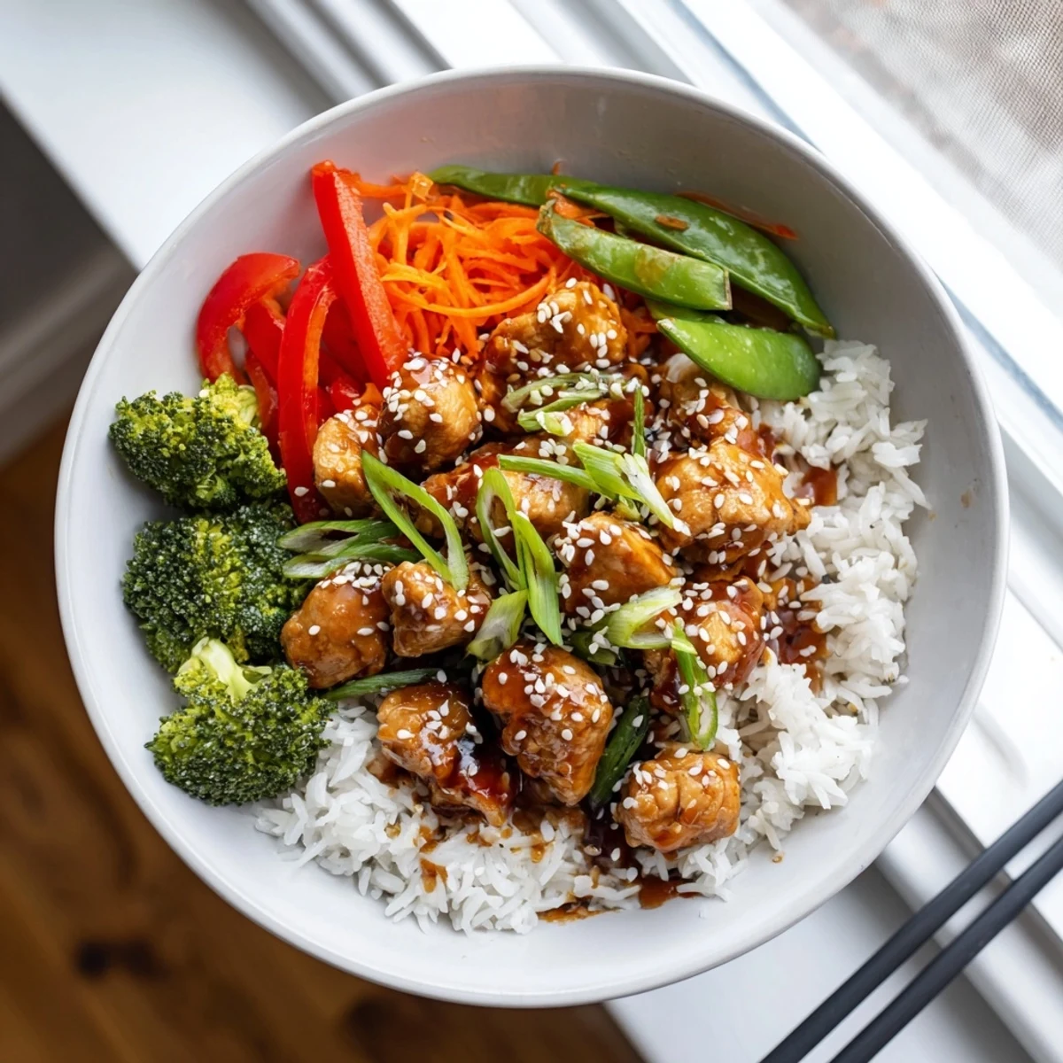 Appetizing Teriyaki Chicken Bowl with broccoli, carrots, and bell peppers, drizzled with sweet and savory sauce.