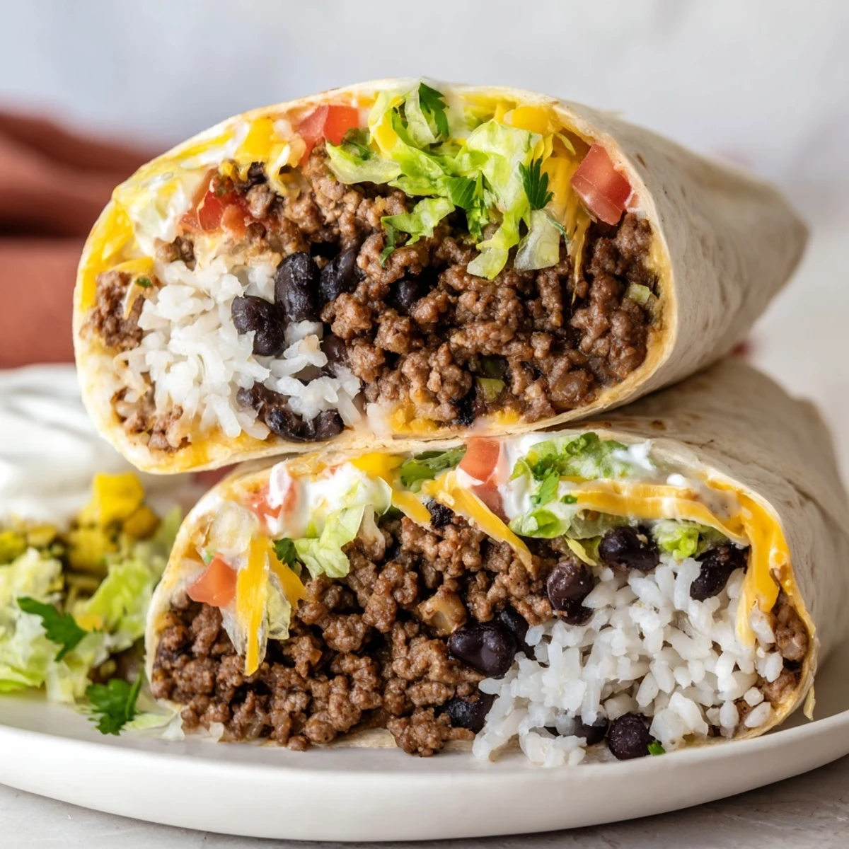Golden-brown, toasted Beef Burrito with seasoned beef, rice, beans, and cheese visible inside the sliced wrap.