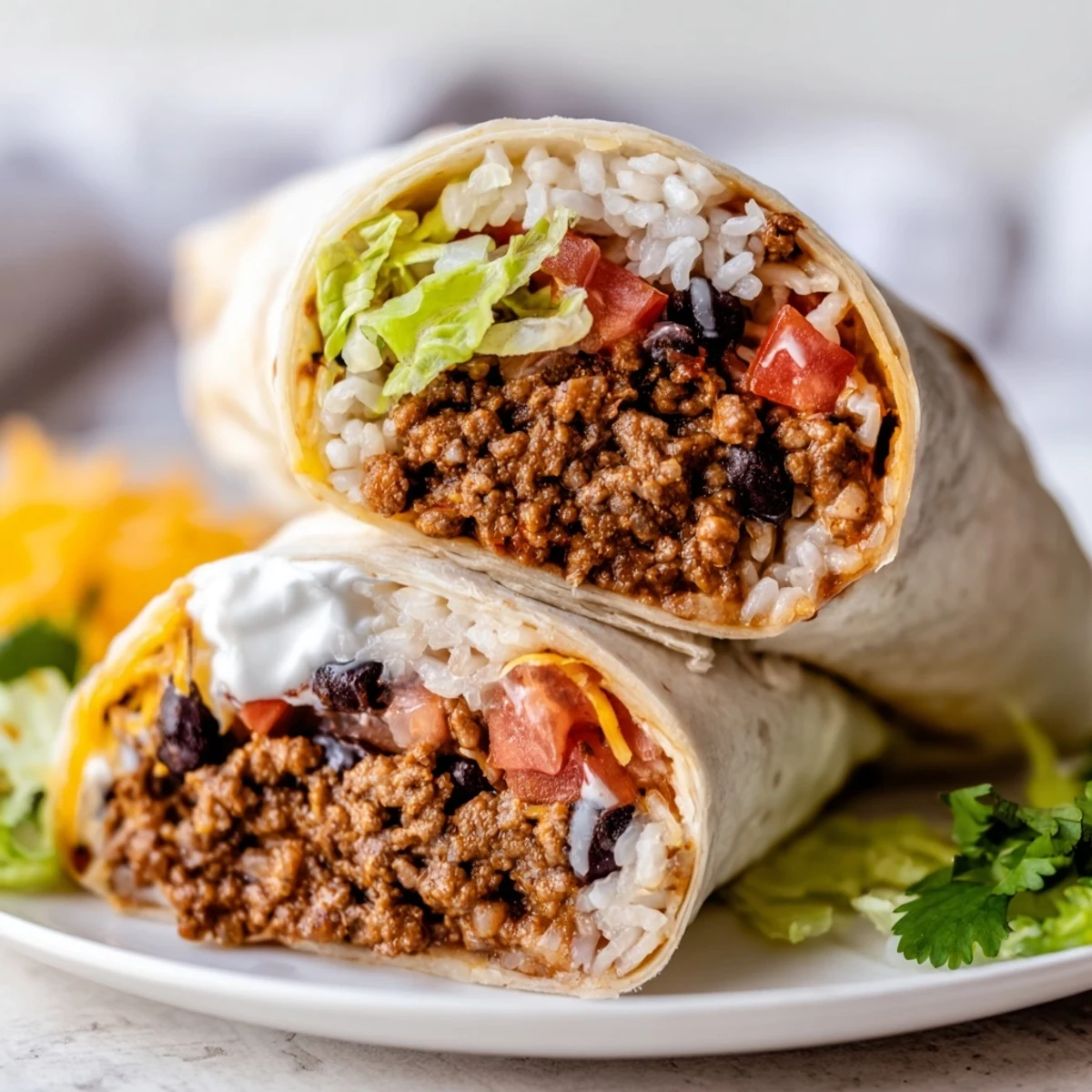 A classic Beef Burrito cut in half, revealing layers of savory beef filling, fluffy rice, and melted cheese.