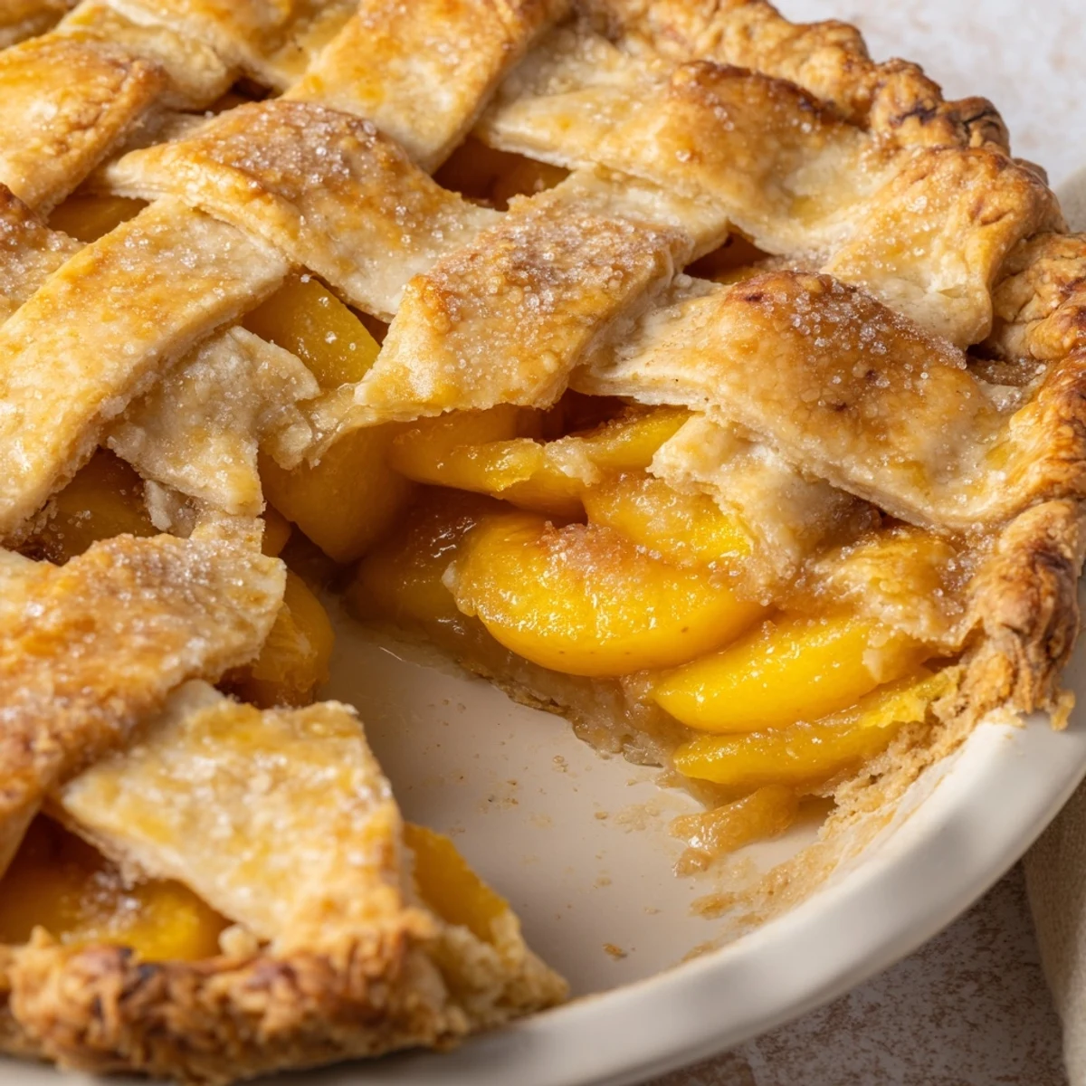 A slice of homemade Peach Pie reveals juicy peach filling and a lattice crust on a white plate.