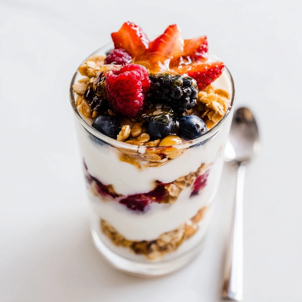 Glass jar with layered Berry Parfait featuring creamy Greek yogurt, crunchy granola, and vibrant mixed berries.