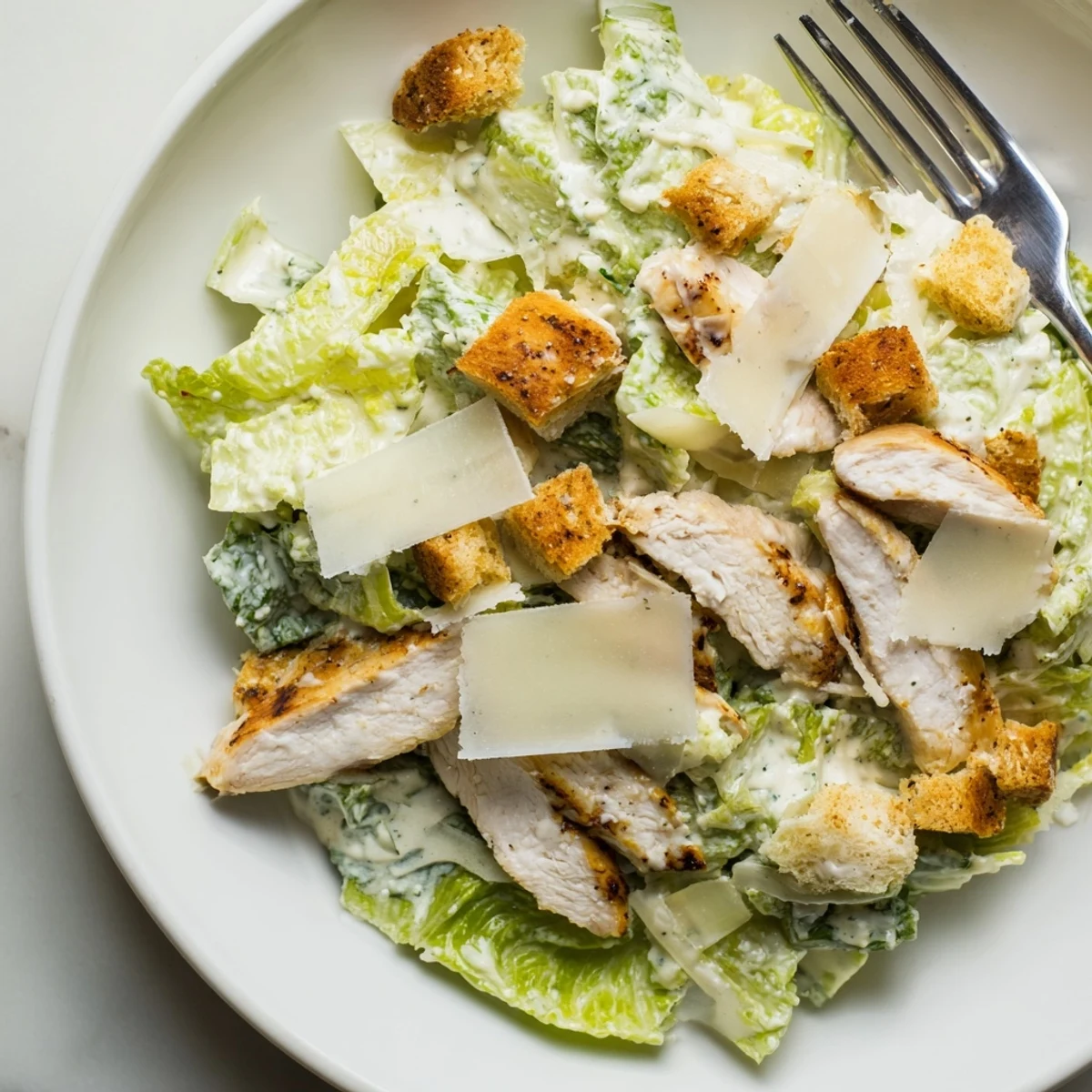 The classic Chicken Caesar Salad is plated with extra creamy dressing on the side, perfect for dunking croutons or drizzling over the grilled chicken.