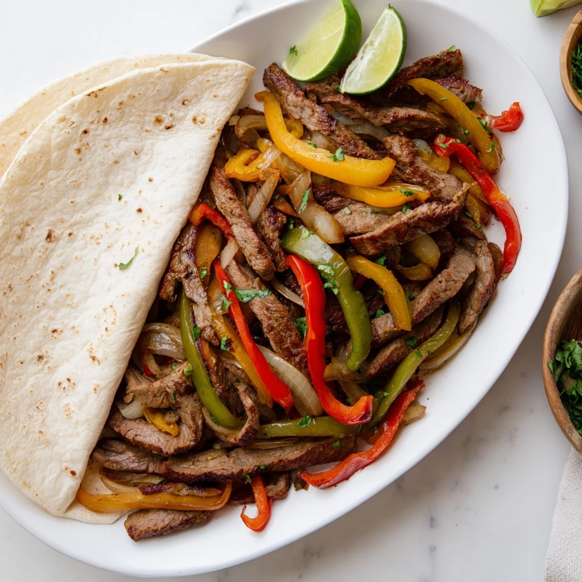 Sizzling Steak Fajitas with marinated beef, charred peppers, onions, warm tortillas, and fresh lime wedges.