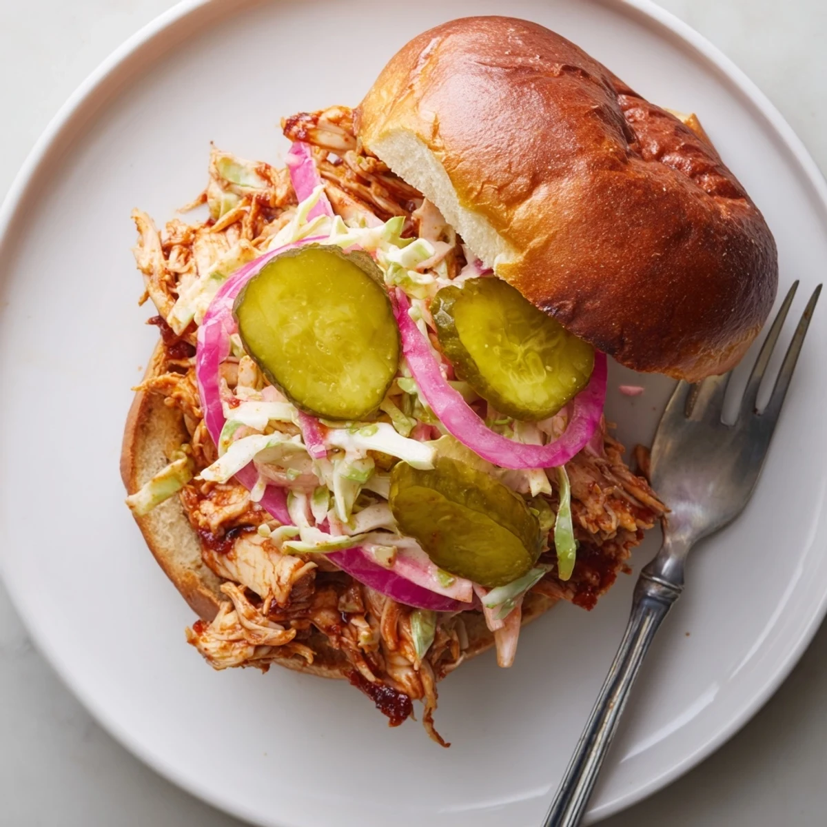 Golden BBQ Chicken Sandwich on a toasted brioche bun, generously topped with creamy, crunchy coleslaw and fresh red onion rings.