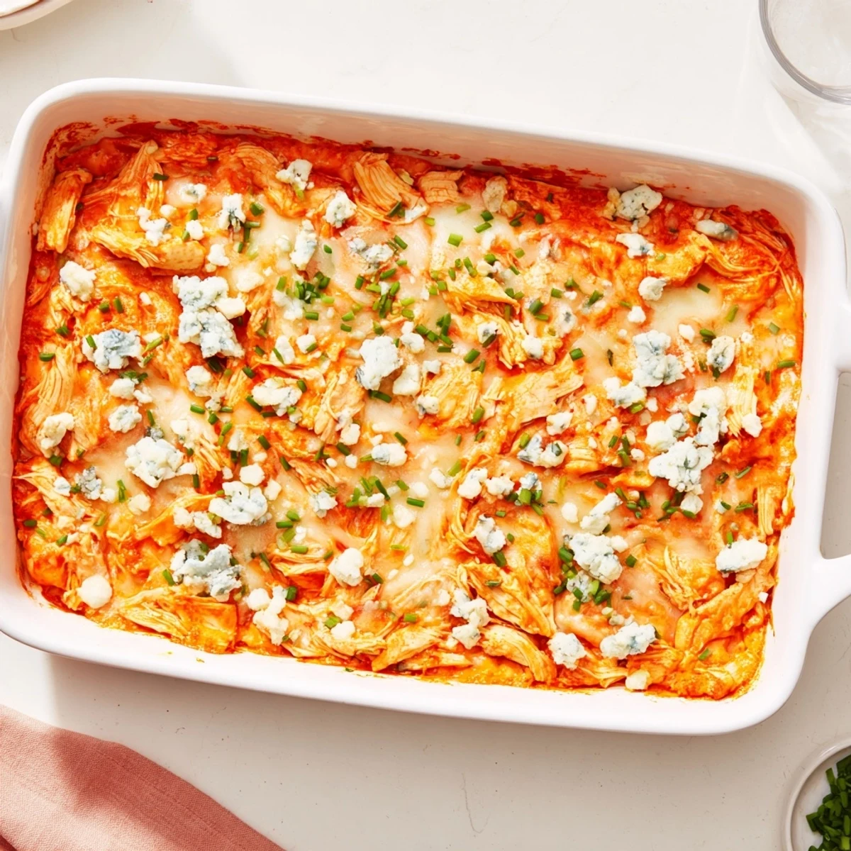 Golden, bubbly Buffalo Chicken Dip fresh from the oven, topped with melted mozzarella and fresh chives.