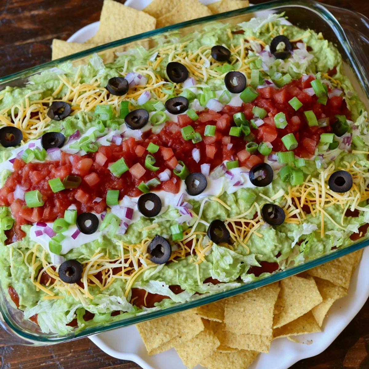 Seven-layer dip served in a glass dish with crispy tortilla chips for scooping.