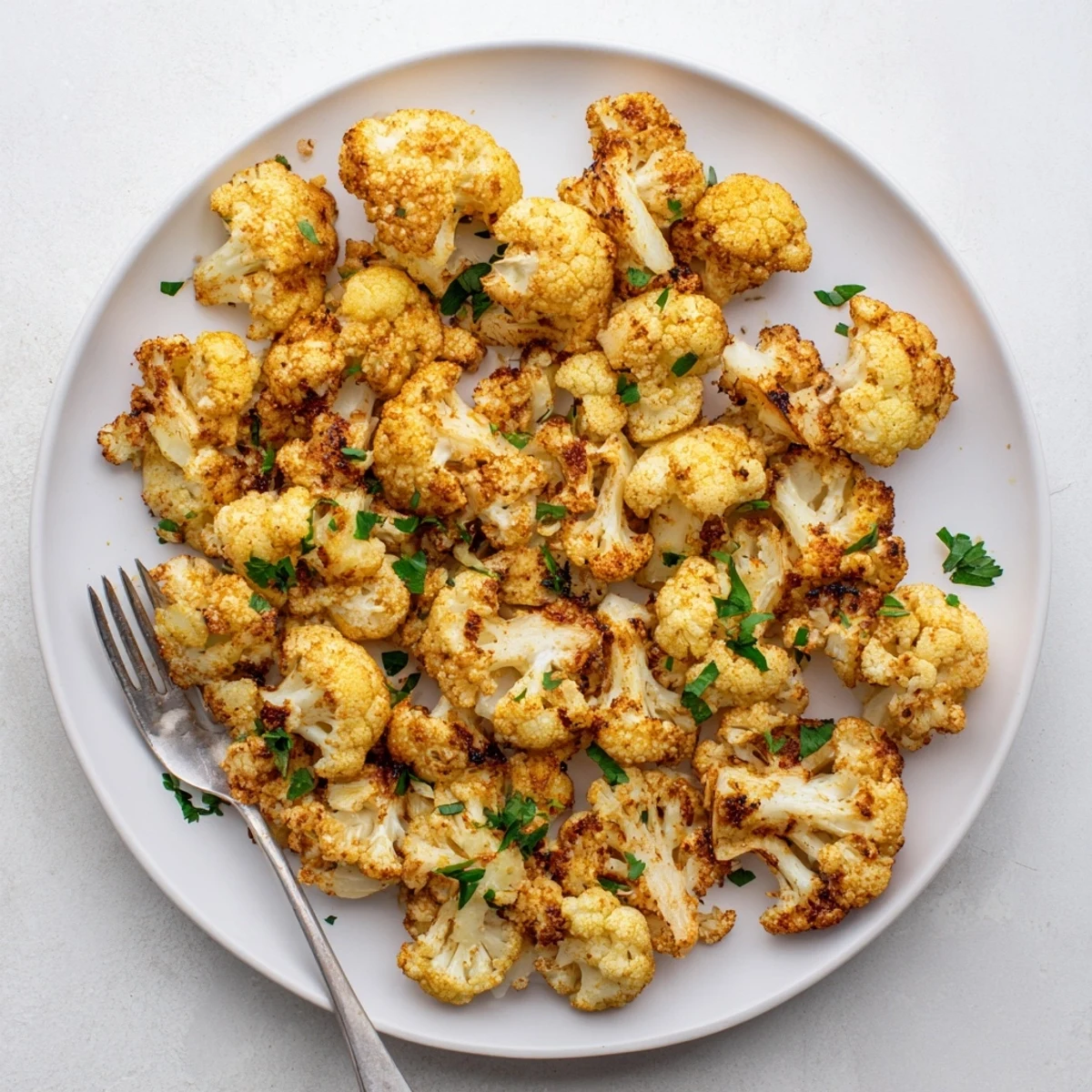 Golden roasted cauliflower florets seasoned with paprika and cumin, served on a plate with fresh parsley garnish.