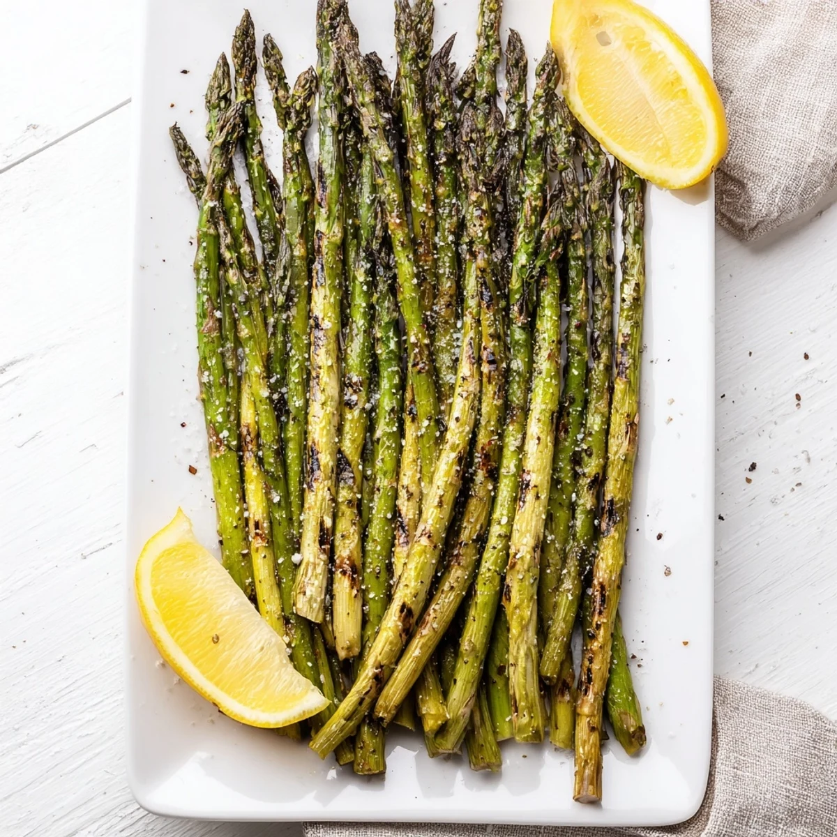 Freshly grilled asparagus spears glistening with olive oil and a squeeze of bright lemon juice on a rustic platter.