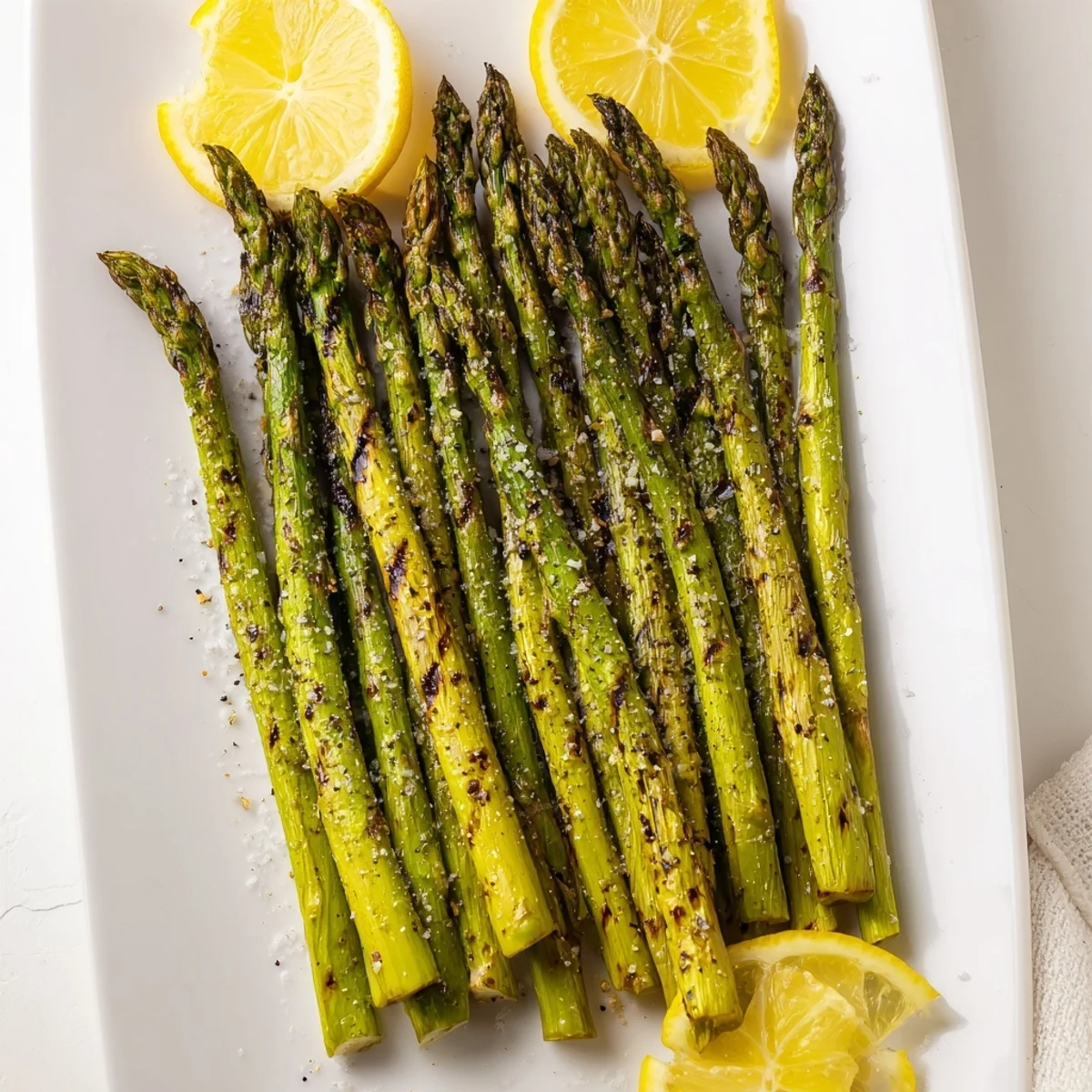 Perfectly charred Grilled Asparagus seasoned with sea salt and lemon wedges served alongside grilled chicken.
