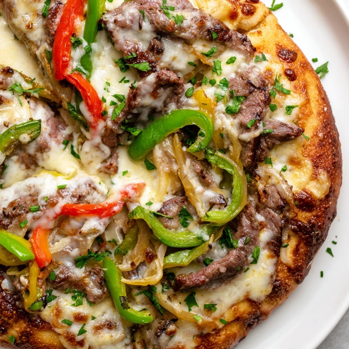 Freshly baked Philly Cheesesteak Pizza with melted provolone and mozzarella cheese bubbling over steak, peppers, and onions.