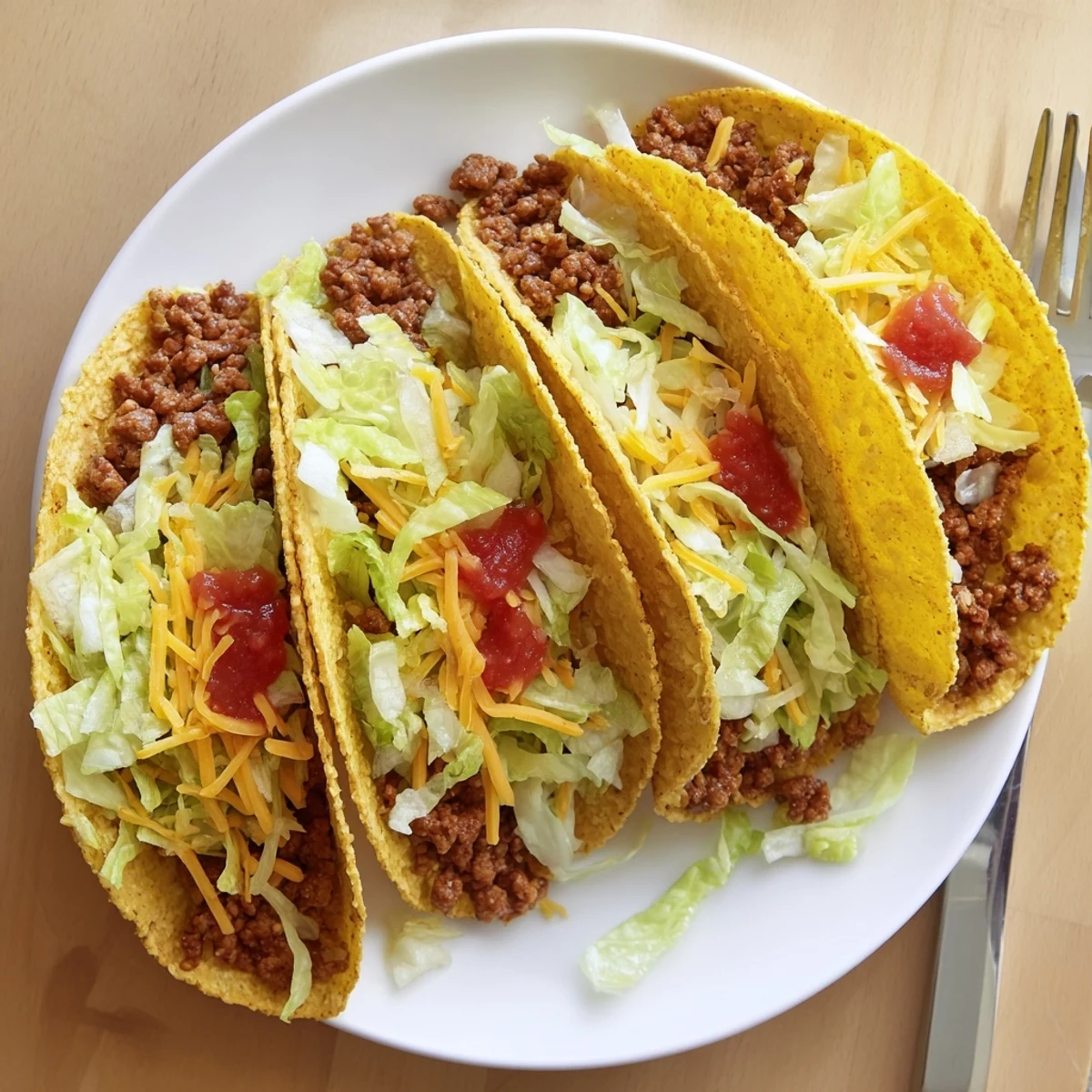 Freshly prepared Beef Tacos with zesty salsa and sour cream, served with lime wedges on the side.