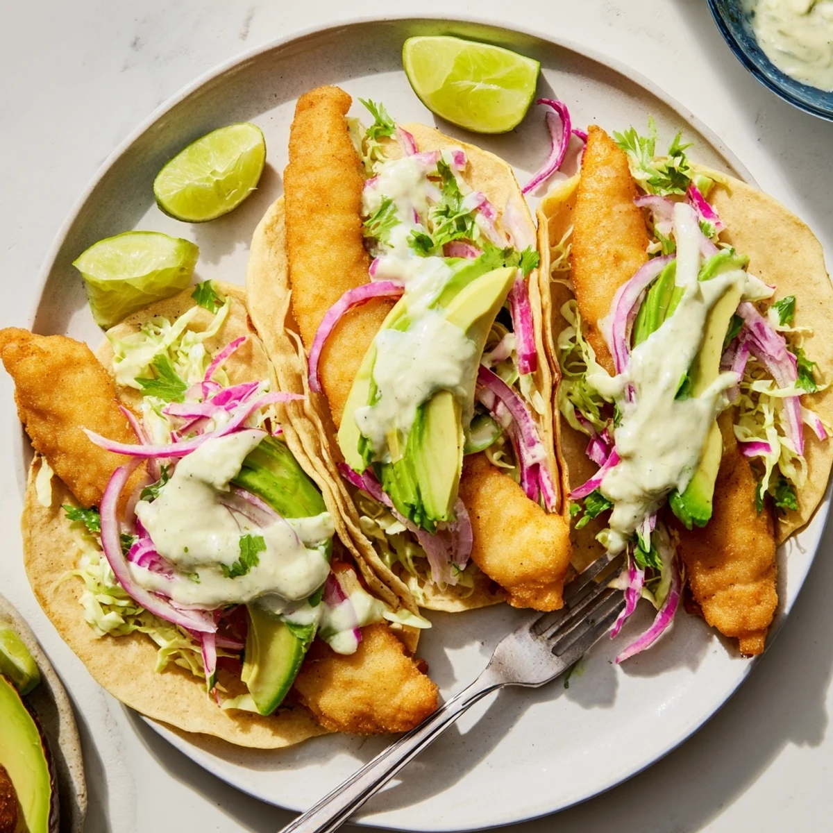 A close-up of freshly assembled Baja Fish Tacos with avocado slices, cilantro, and lime wedges for a zesty squeeze.