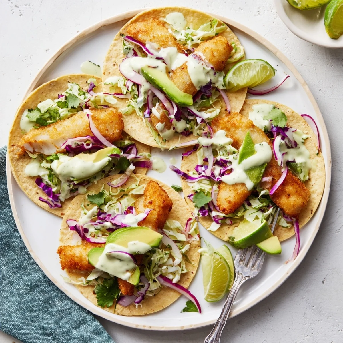 Golden-crisp battered fish fillets nestled in warm corn tortillas, topped with shredded cabbage and creamy Baja Fish Tacos sauce.