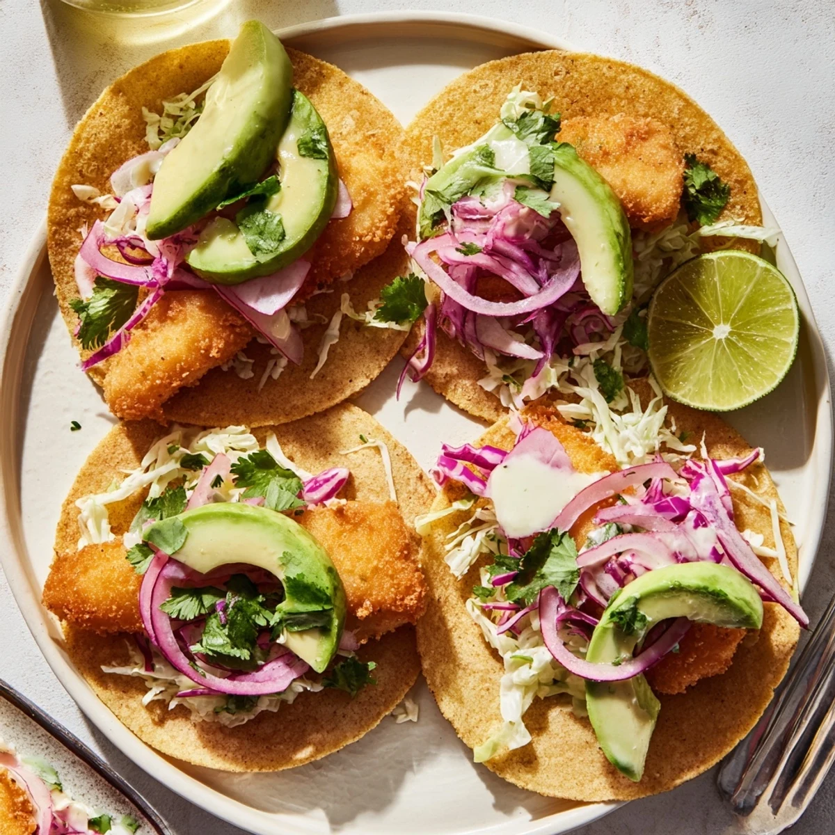 Plate of delicious Baja Fish Tacos drizzled with creamy lime sauce, ready to serve for a Mexican-inspired dinner.