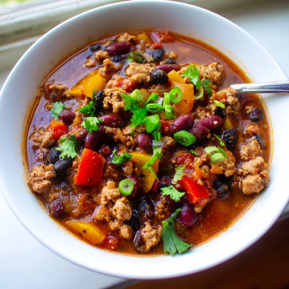 Hearty Turkey Chili simmering in a pot with a wooden spoon, steam rising from the thick, rich red sauce and beans.