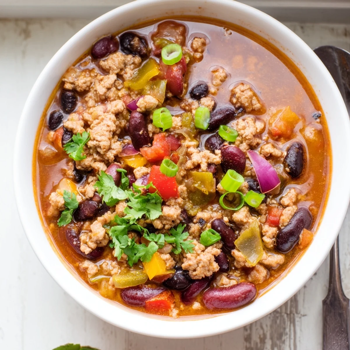 A warm bowl of Turkey Chili topped with shredded cheese, fresh cilantro, and sliced green onions, served beside lime wedges.
