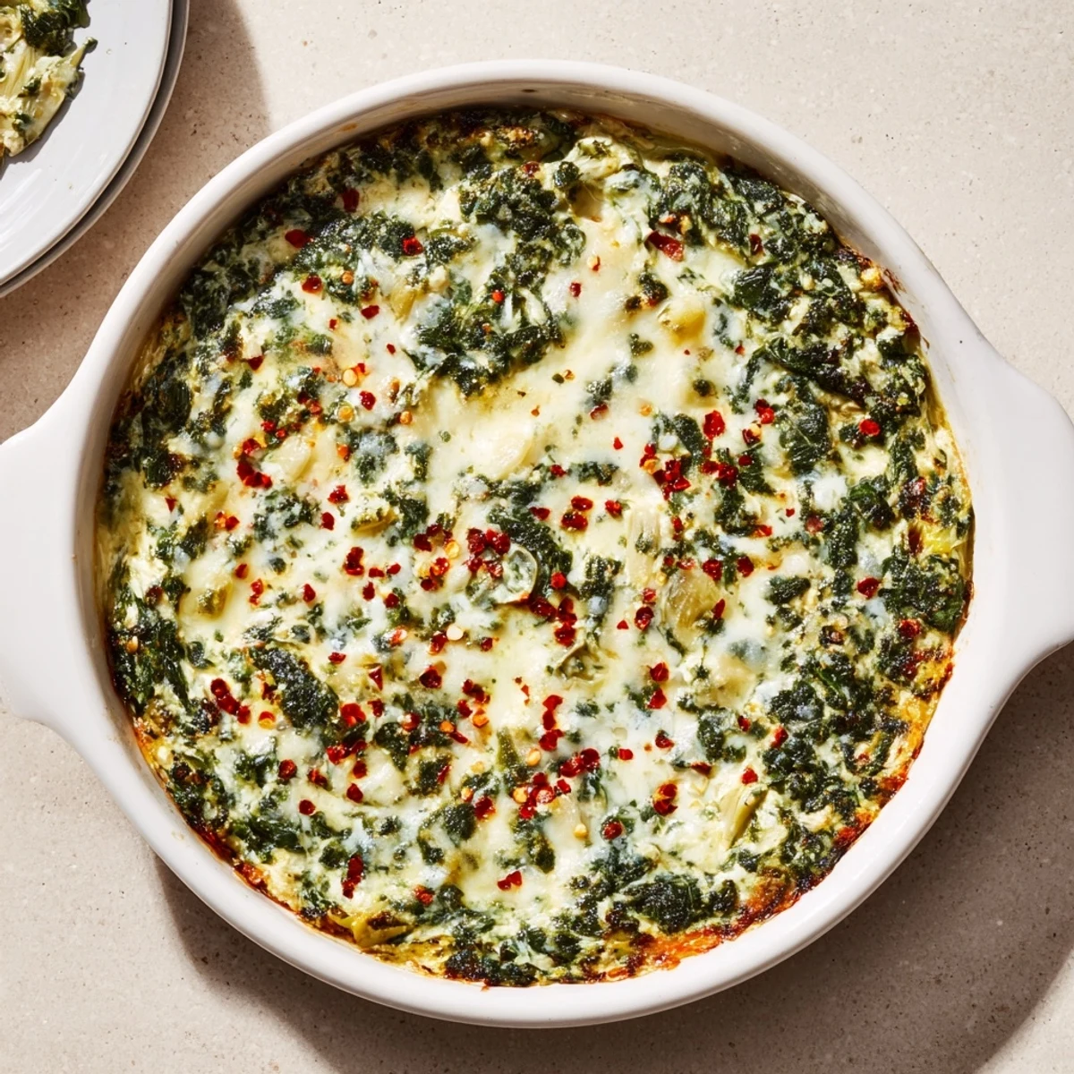Creamy Spinach Artichoke Dip with a bubbly Parmesan crust, garnished with fresh spinach leaves and a side of crunchy tortilla chips for dipping.