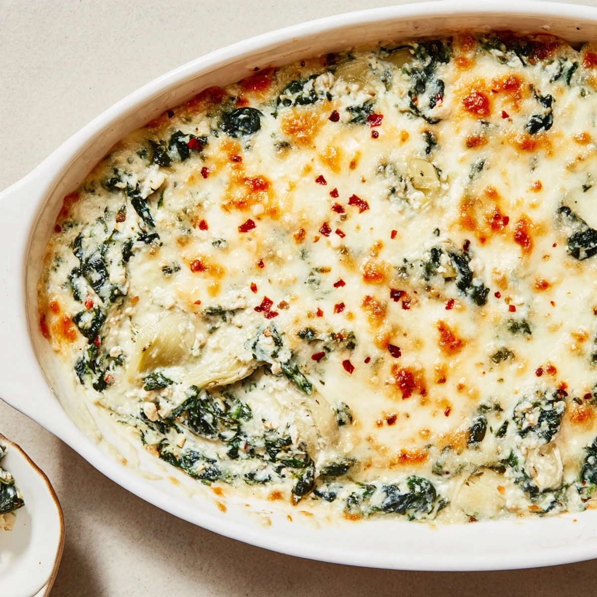 Warm Spinach Artichoke Dip recipe, featuring a rich blend of cheese, tender spinach, and artichoke hearts, paired with toasted baguette slices.