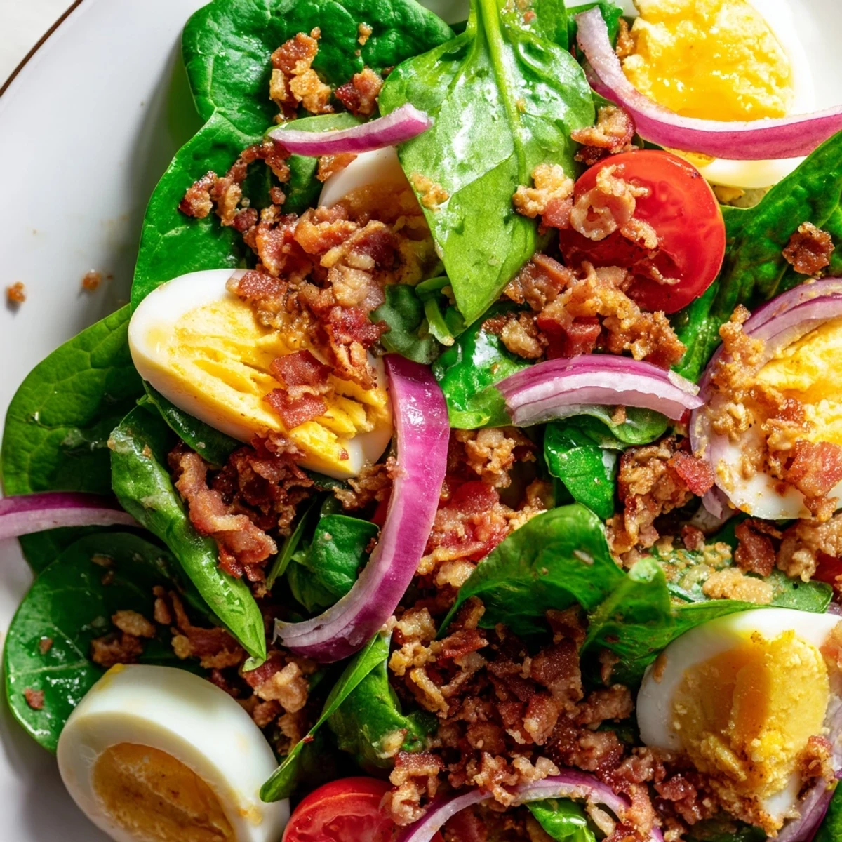 Fresh spinach leaves topped with crispy bacon crumbles, sliced boiled eggs, and bright cherry tomatoes for this Spinach Salad with Bacon. 