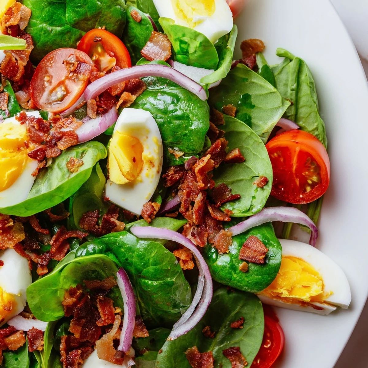 Perfectly dressed Spinach Salad with Bacon served on a white plate, featuring red onion slices and a tangy homemade vinaigrette. 