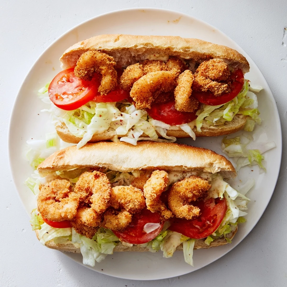 Crispy fried shrimp po boy on a French roll with lettuce, tomato, and creamy mayo.