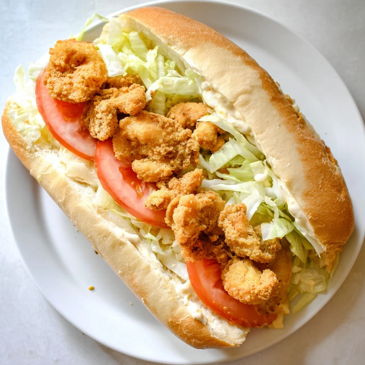 Freshly assembled Louisiana po boy with juicy tomatoes, crisp lettuce, and spicy mayo spread.
