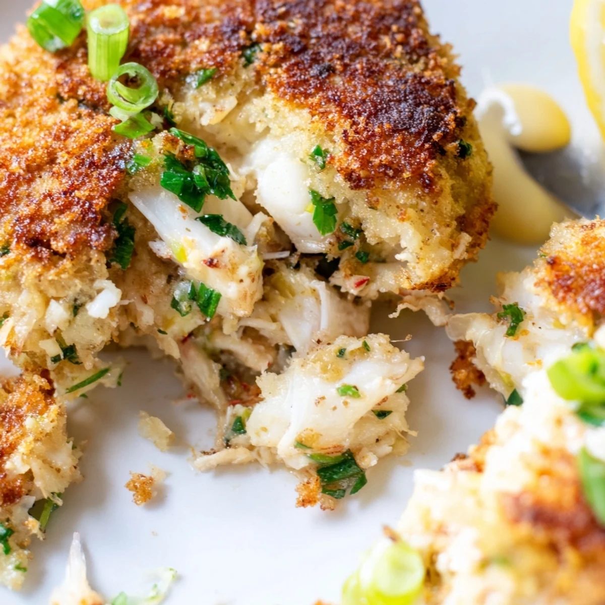 Golden brown Crab Cakes rest on a plate next to a creamy dipping sauce and fresh lemon wedges. 