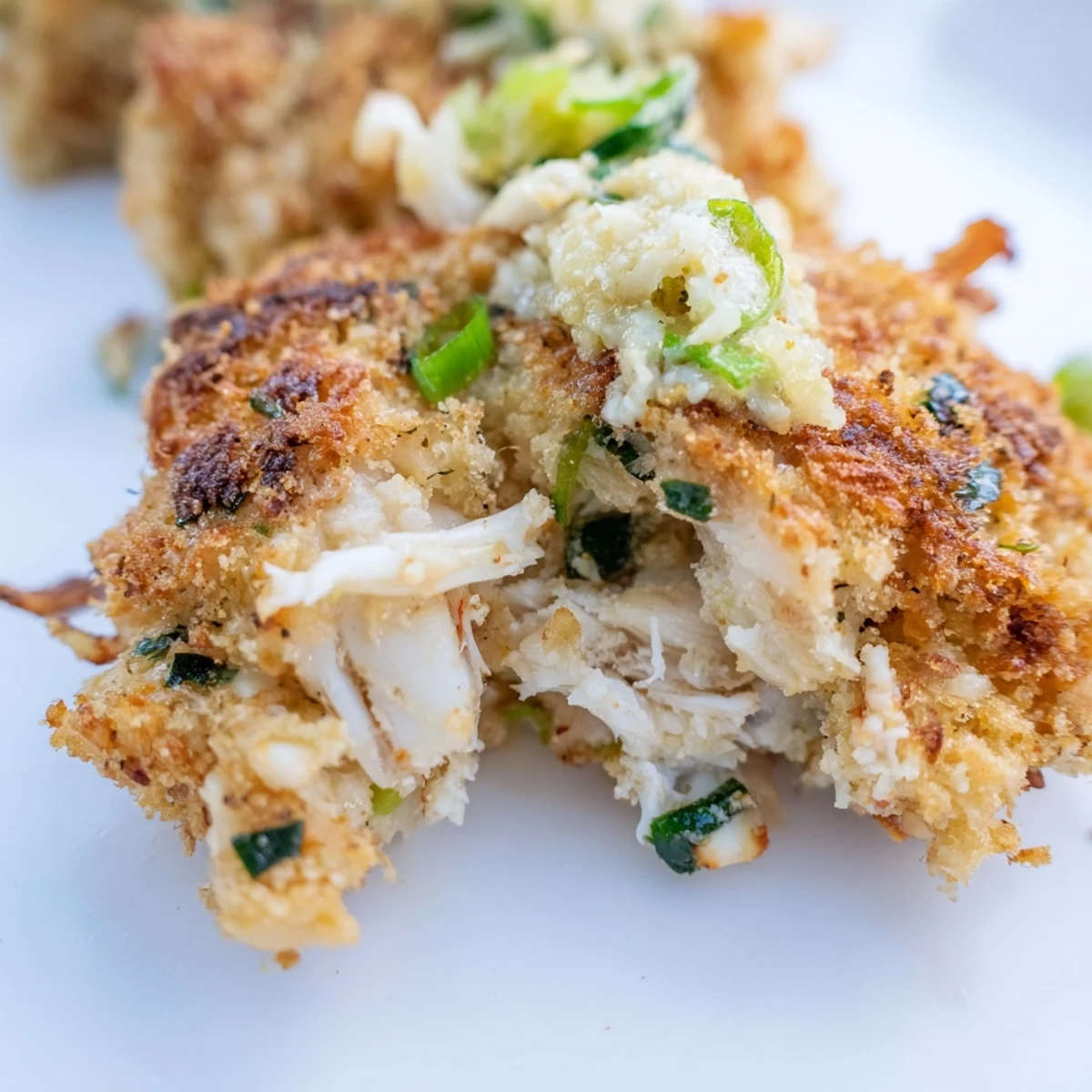 Plated Crab Cakes are served with a side salad and a drizzle of zesty sauce.