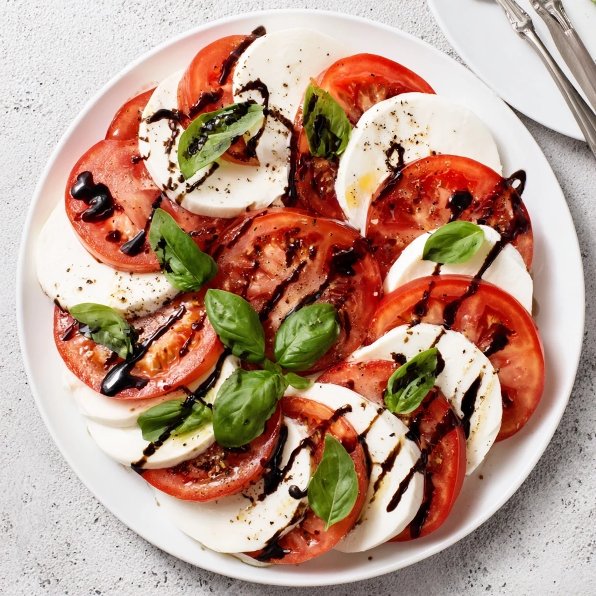 Vibrant red tomatoes and creamy mozzarella slices arranged with basil, drizzled with balsamic glaze for a classic Caprese Salad.
