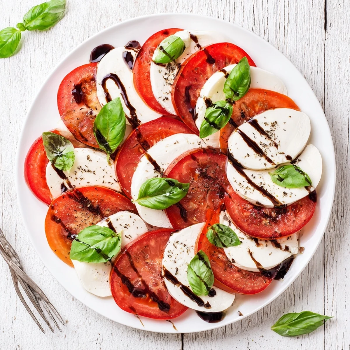 Savory Caprese Salad plated with juicy tomato rounds, fresh mozzarella, olive oil, and balsamic for a refreshing Italian-American side.