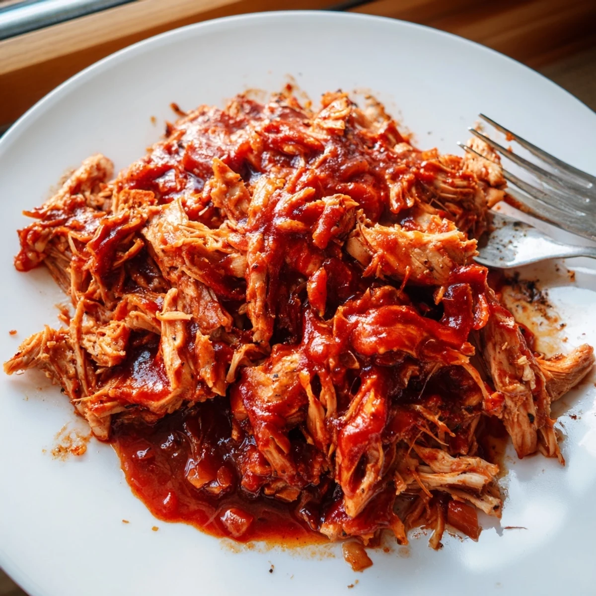 Fork-tender BBQ Pulled Chicken steaming beside soft sandwich buns and a side of creamy coleslaw.