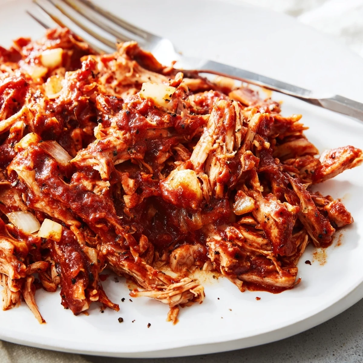 Slow-cooker BBQ Pulled Chicken shredded and glistening, ready for a main dish or tacos.