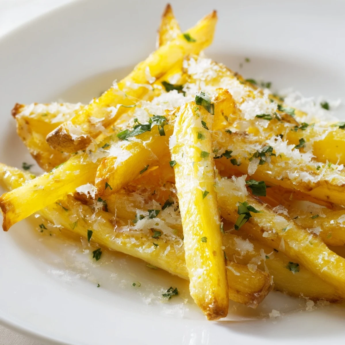 Golden-brown Truffle Parmesan Fries served hot with fresh parsley, offering a savory, umami-rich side dish for any meal.