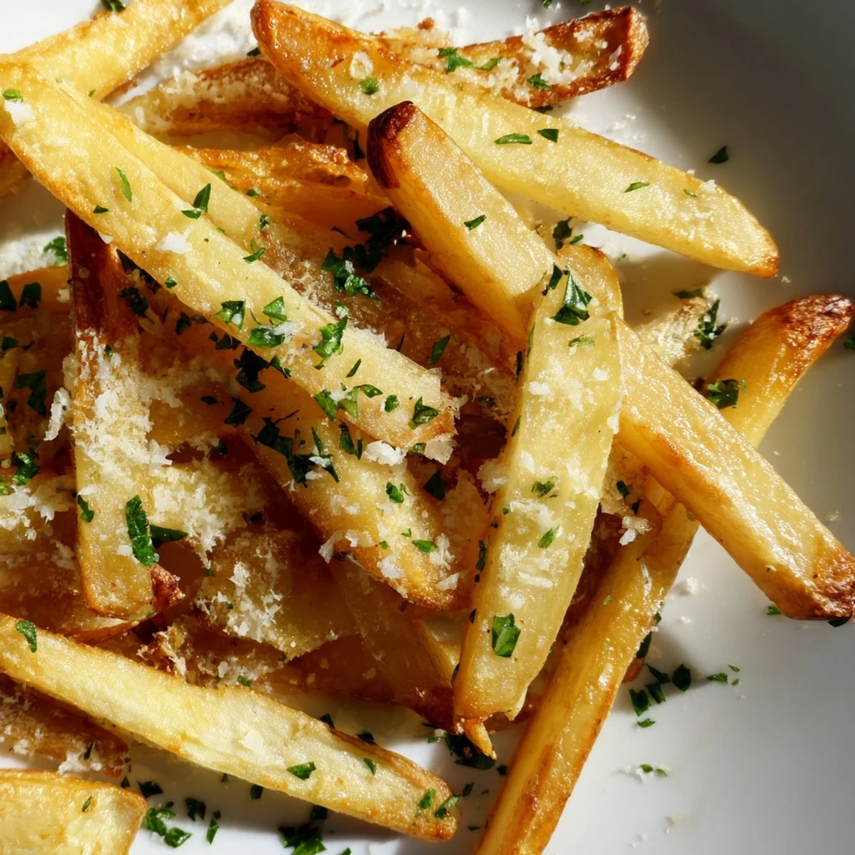 Crispy oven-baked fries tossed in aromatic truffle oil and freshly grated Parmesan, garnished with chopped parsley for a decadent snack.