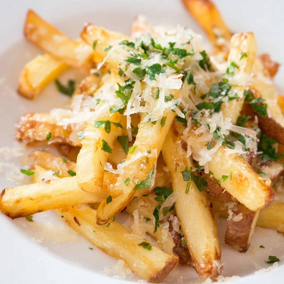 A close-up view of Truffle Parmesan Fries, highlighting their crunchy texture and savory cheese coating, perfect for serving alongside burgers.