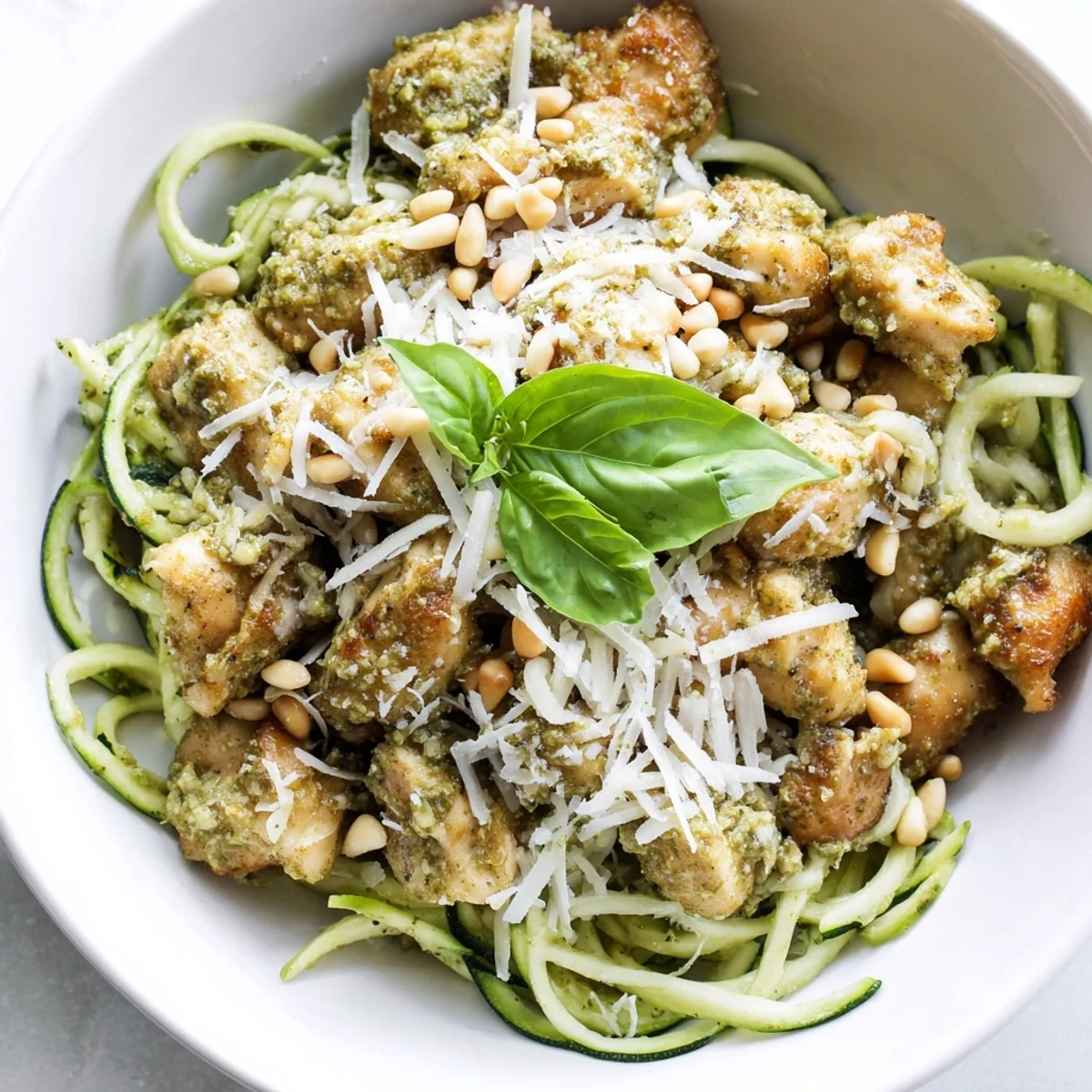 Tender chicken pieces and fresh spiralized zucchini noodles tossed in vibrant basil pesto, garnished with Parmesan and pine nuts for a light Mediterranean meal.