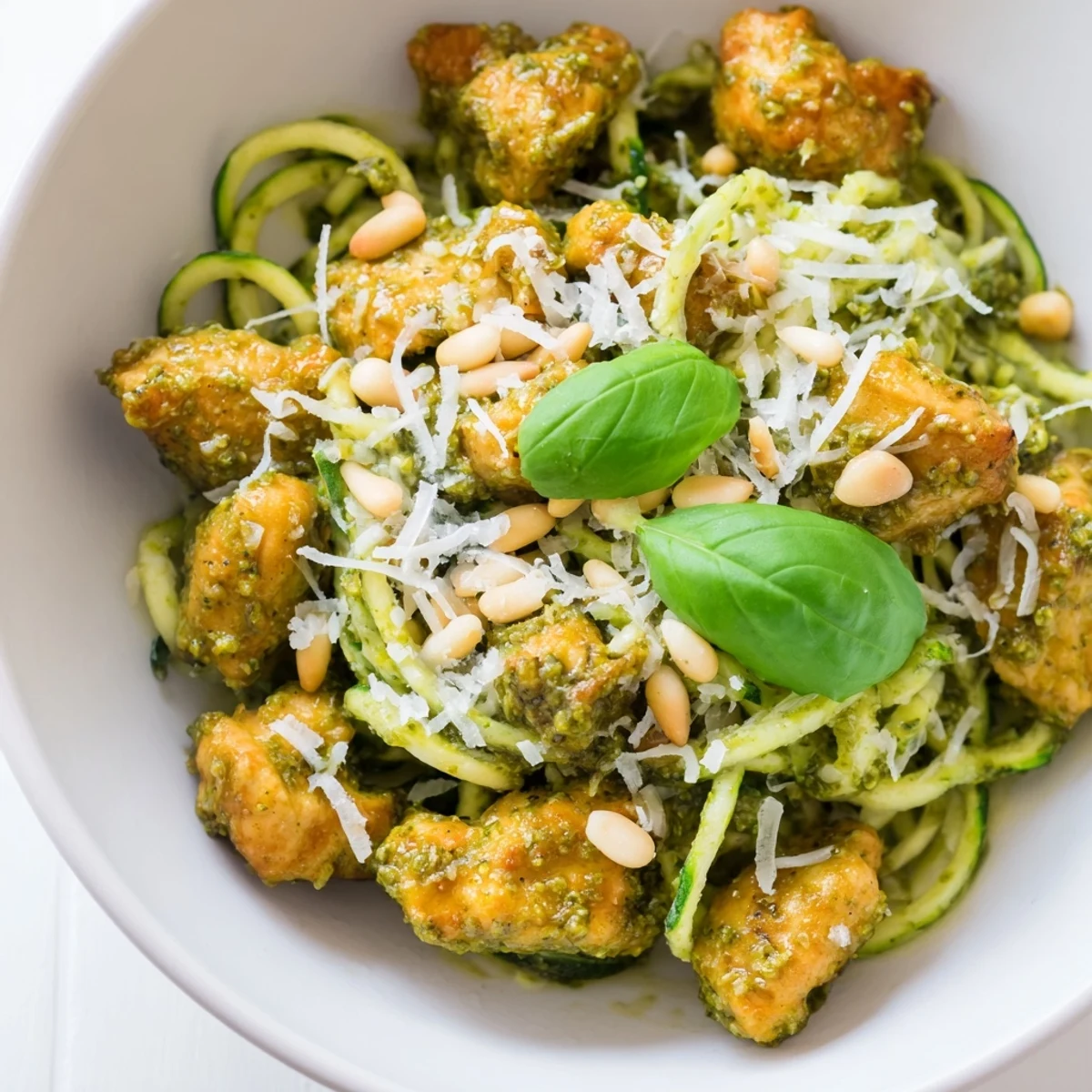 A close-up of golden sautéed chicken and crisp zucchini noodles, tossed with lemony pesto and served in a white bowl for a summery, healthy dinner.