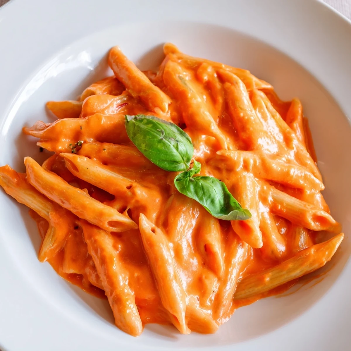 Creamy roasted red pepper pasta with penne tossed in a vibrant, garlic-infused sauce and topped with fresh basil.  