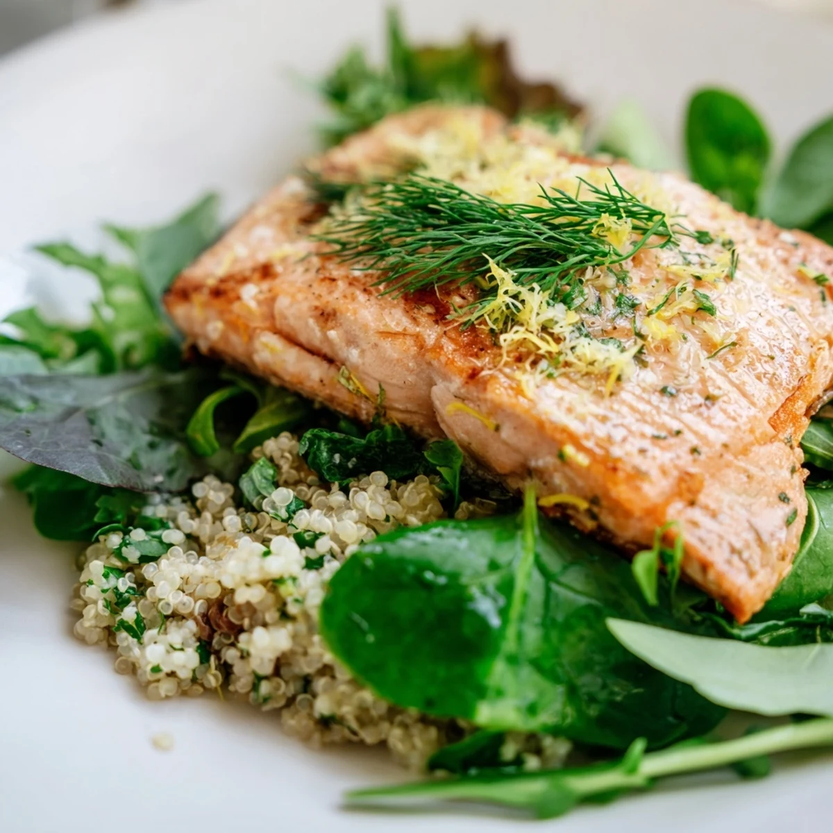 Golden-brown Lemon Herb Salmon Salad with flaky baked salmon atop fluffy quinoa and vibrant mixed greens.  