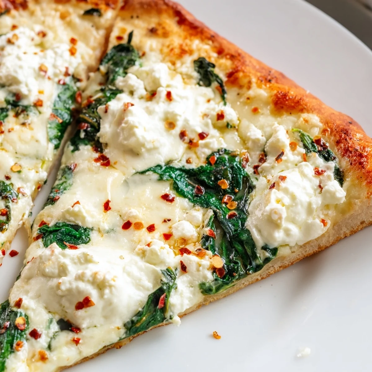 Golden, bubbling Spinach Ricotta Pizza fresh from the oven, featuring a crisp thin crust, creamy ricotta, and vibrant sautéed spinach.  