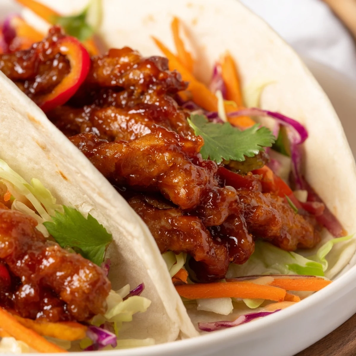 The finished Honey Sriracha Chicken Wrap sliced in half to reveal juicy chicken strips and fresh vegetable layers, ready to serve.