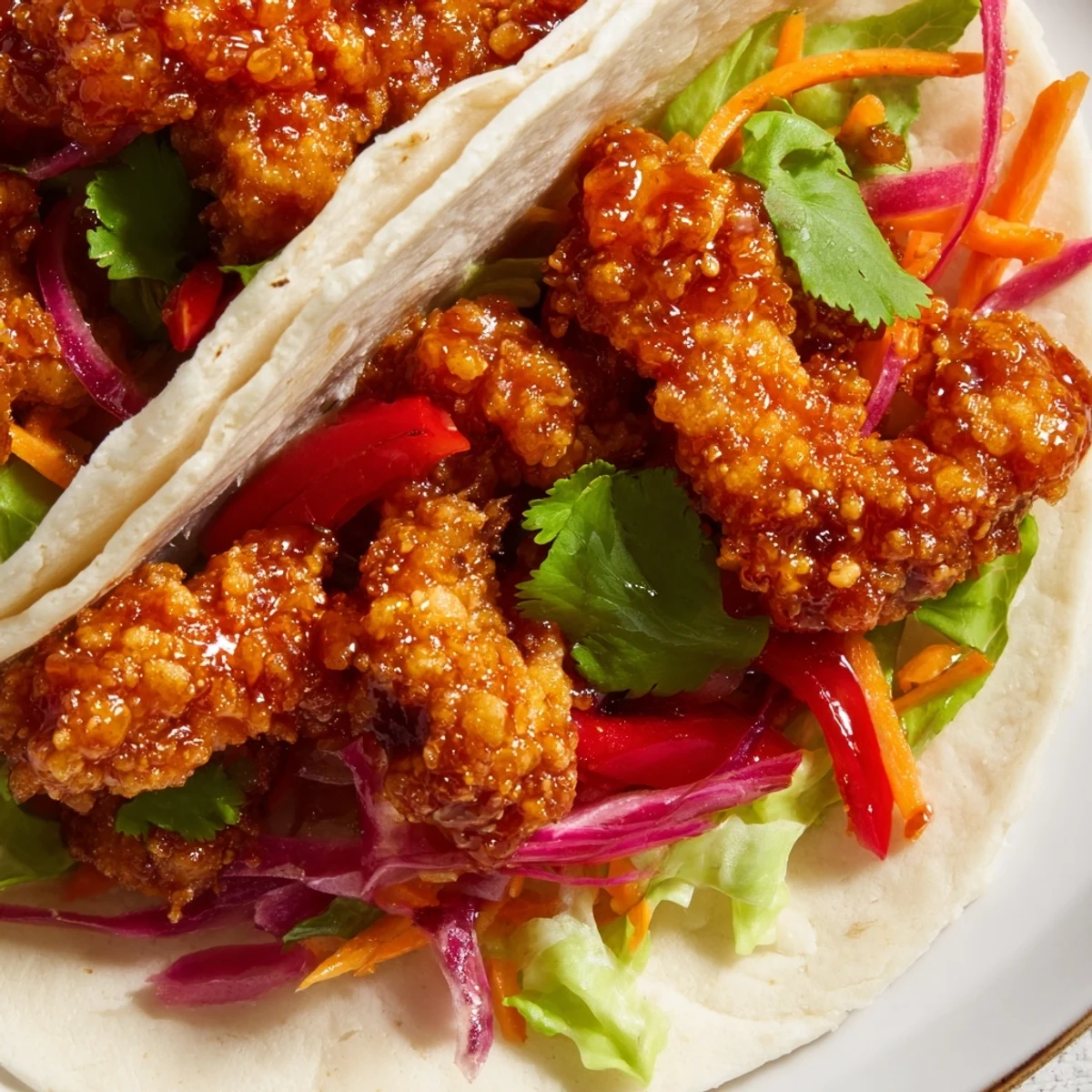 A close-up of a Honey Sriracha Chicken Wrap showing glossy, glazed chicken, crisp lettuce, and vibrant red bell peppers on a warm flour tortilla.
