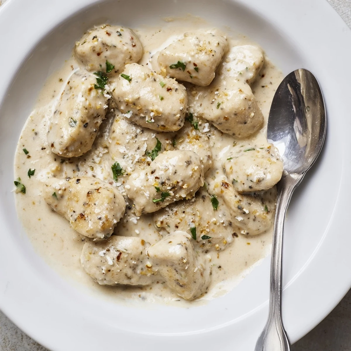 Creamy Garlic Chicken Bites served over steamed rice with fresh parsley garnish on a rustic wooden table.  