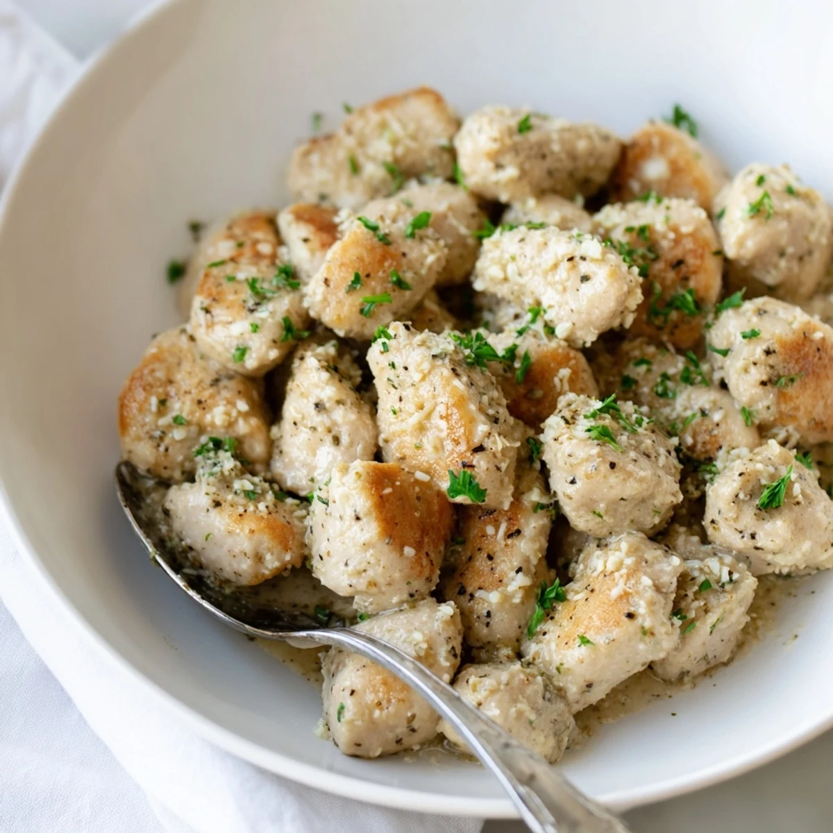 Golden brown Creamy Garlic Chicken Bites simmering in a rich, creamy sauce with melted Parmesan.  