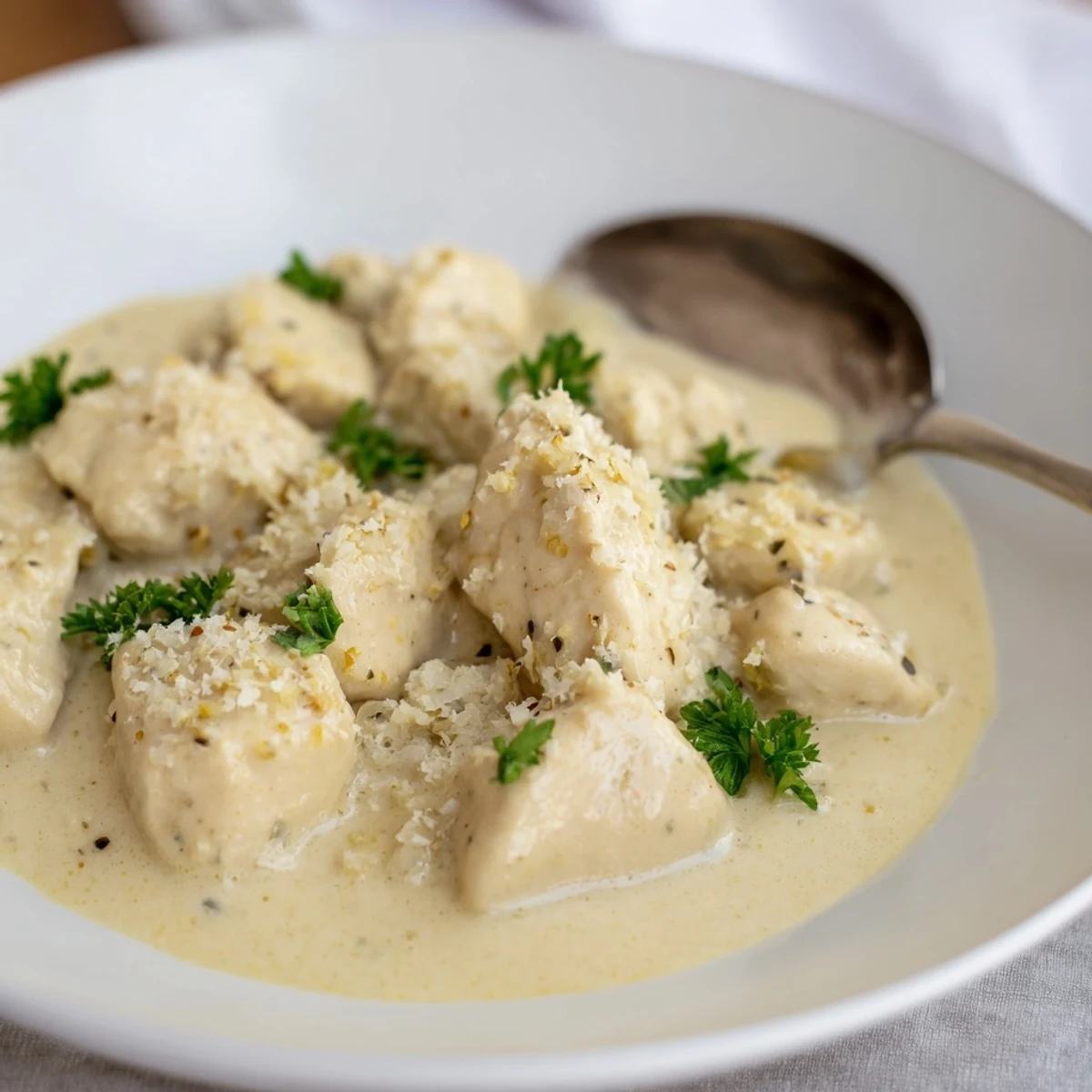 Tender bite-sized chicken pieces in a skillet, garnished with herbs and ready to be served.