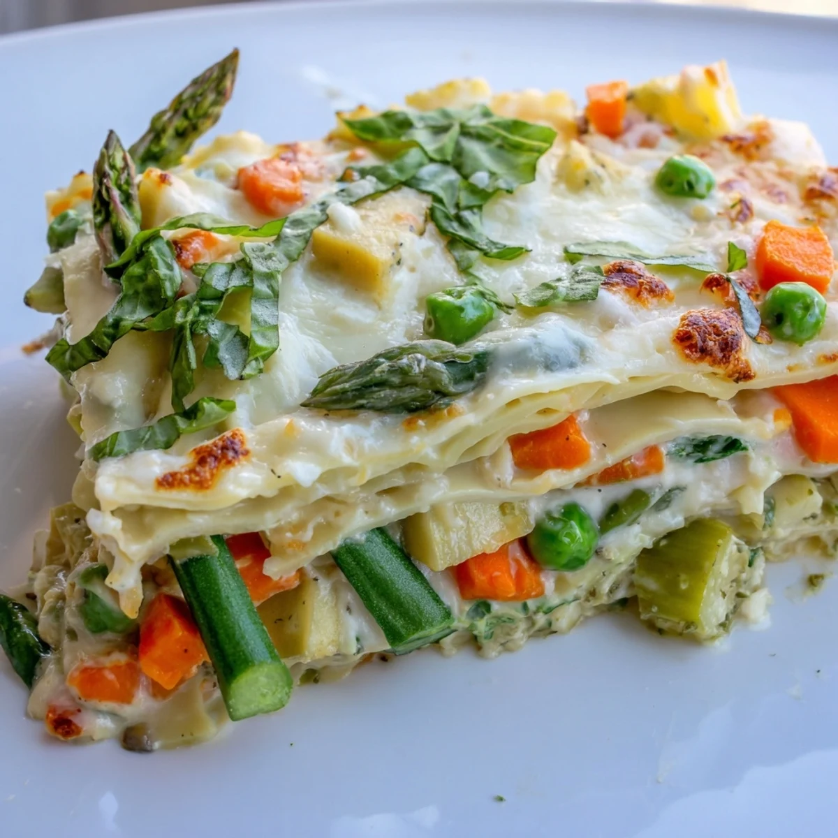 Golden bubbly Spring Veggie Alfredo Lasagna fresh from the oven with melted mozzarella and fresh basil garnish.