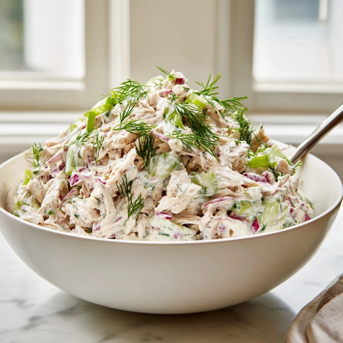 A vibrant bowl of Creamy Cucumber Chicken Salad with juicy shredded chicken, crisp cucumber slices, and fresh dill garnish.