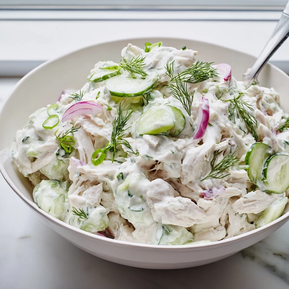 Close-up of Creamy Cucumber Chicken Salad featuring tender chicken chunks and cool cucumbers in a creamy Greek yogurt dressing.